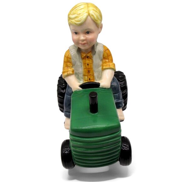 BOY Figurine On Green TRACTOR Ceramic Cookie Jar 11" Farmhouse Decor Rare Vintag - Picture 5 of 15